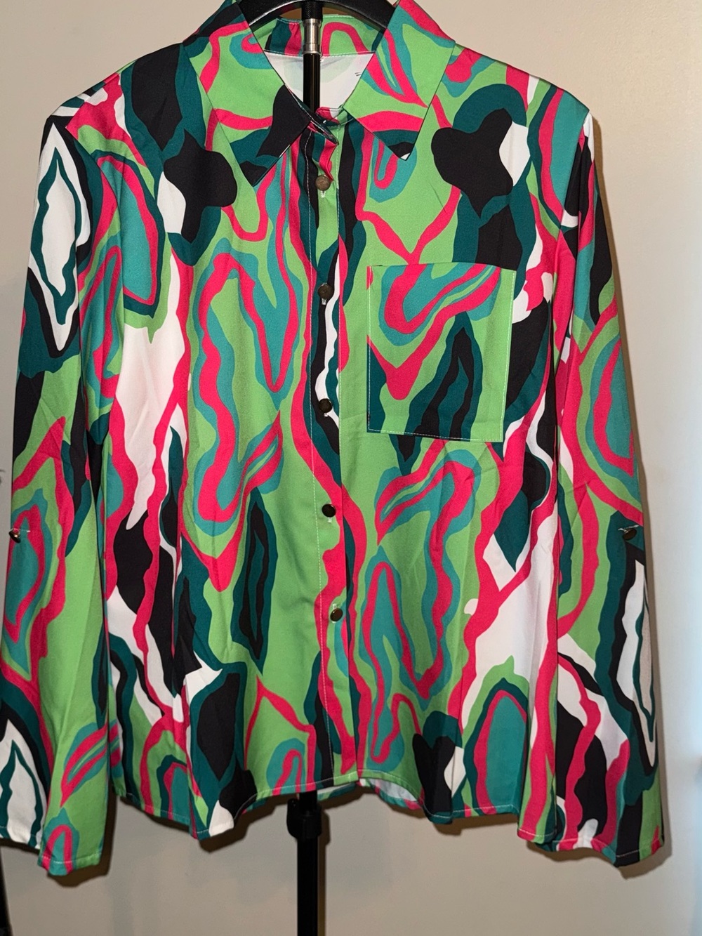 Vibrant Swirl-Print Green Button-Front Blouse